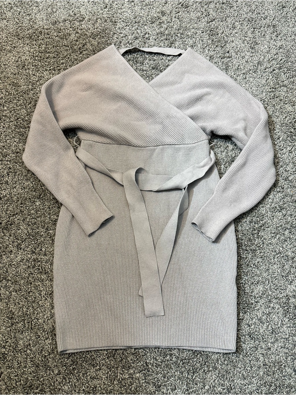 Soft Ribbed Wrap Long-Sleeve Dress in Light Gray
